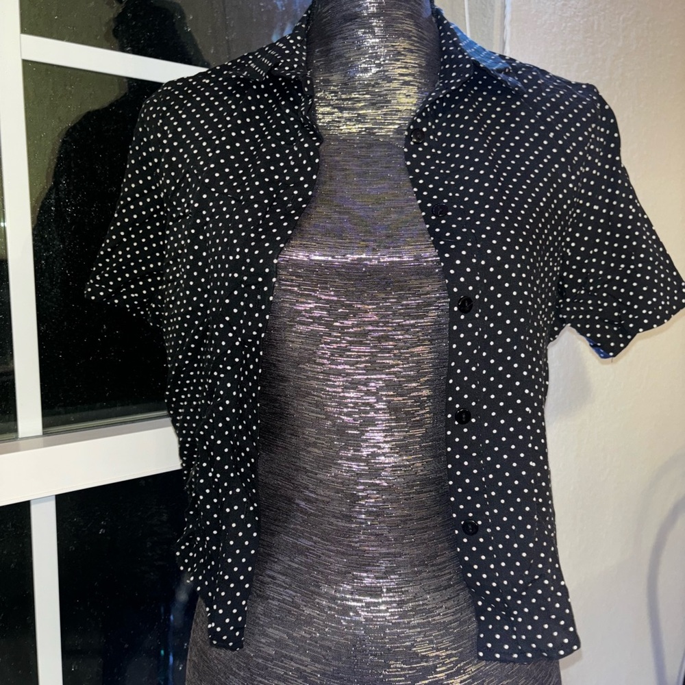 Love Notes Black Polka Dot Cropped Button-Up Top Size Small